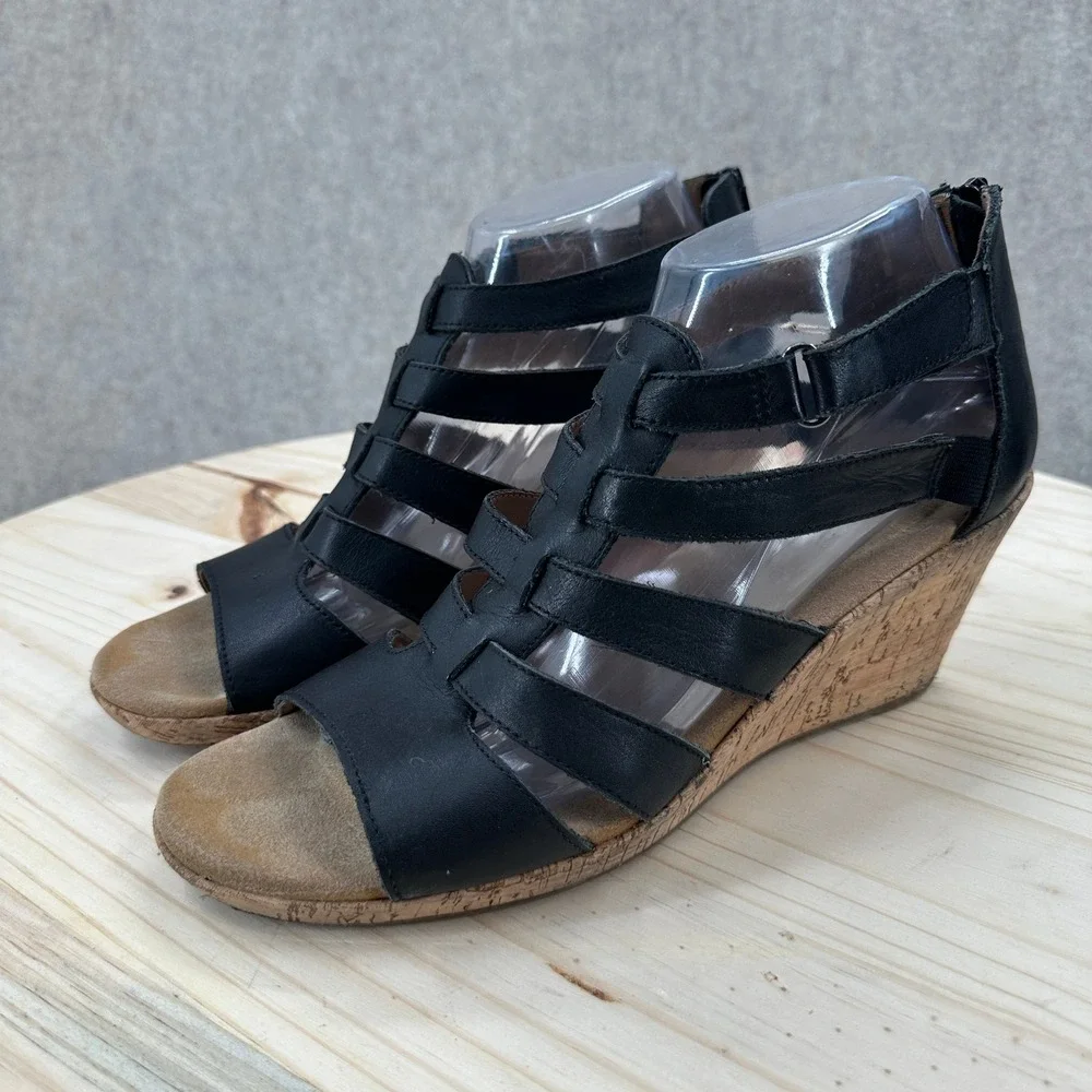 Rockport Briah Gladiator Wedge Sandals Women 9.5 Black Leather Strappy Cork Heel